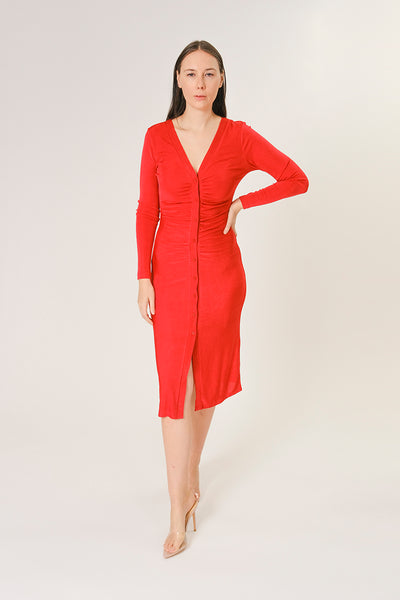 GINGER LONG SLEEVE RUCHED BUTTON DRESS