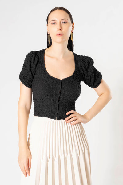 Woven Button Up Cropped Puff Sleeve Shrug Top
