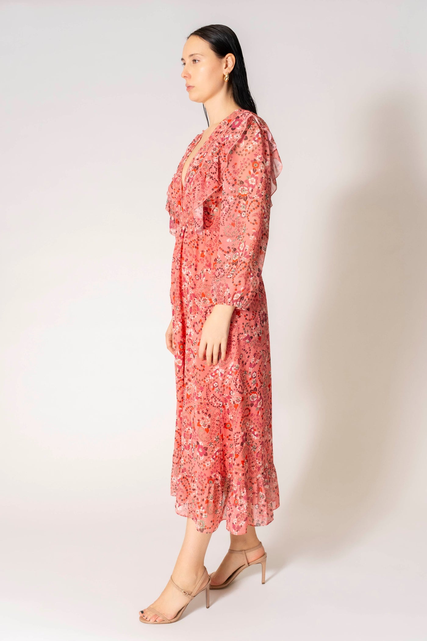 Gisele Floral Print Long Sleeve Ruffle Midi Dress