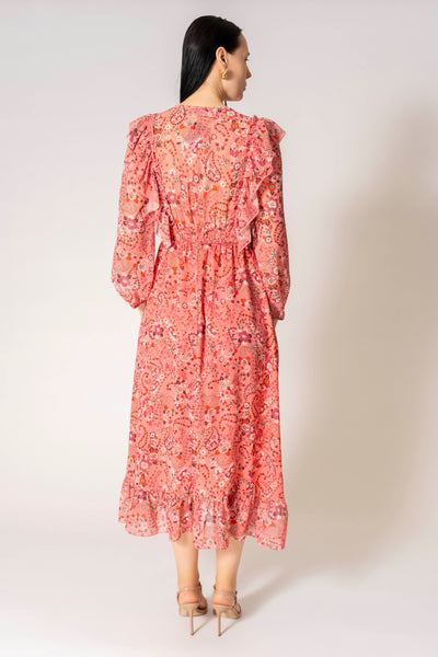 Gisele Floral Print Long Sleeve Ruffle Midi Dress