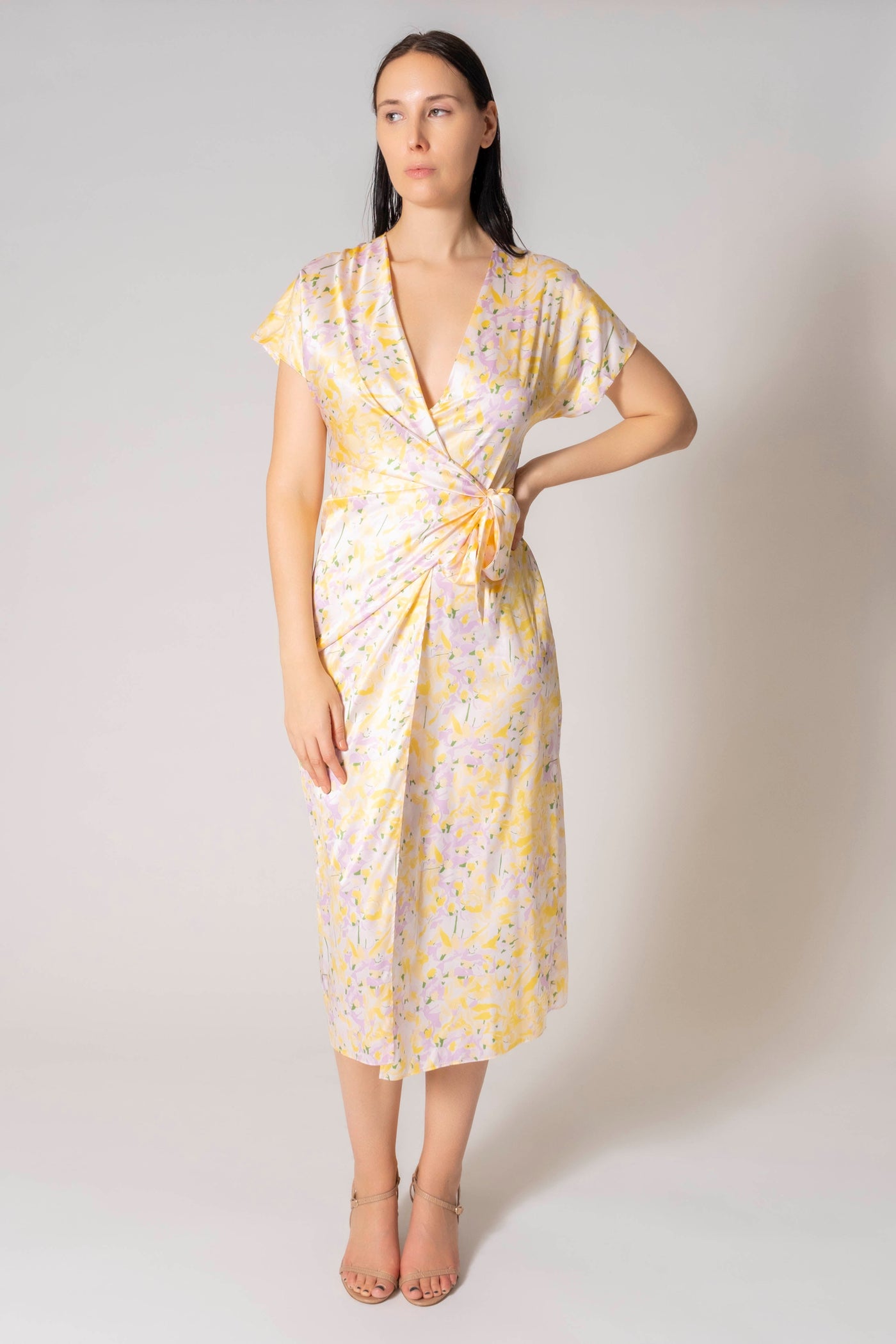 Jacqui Cap Sleeve Satin Floral Midi Wrap Dress