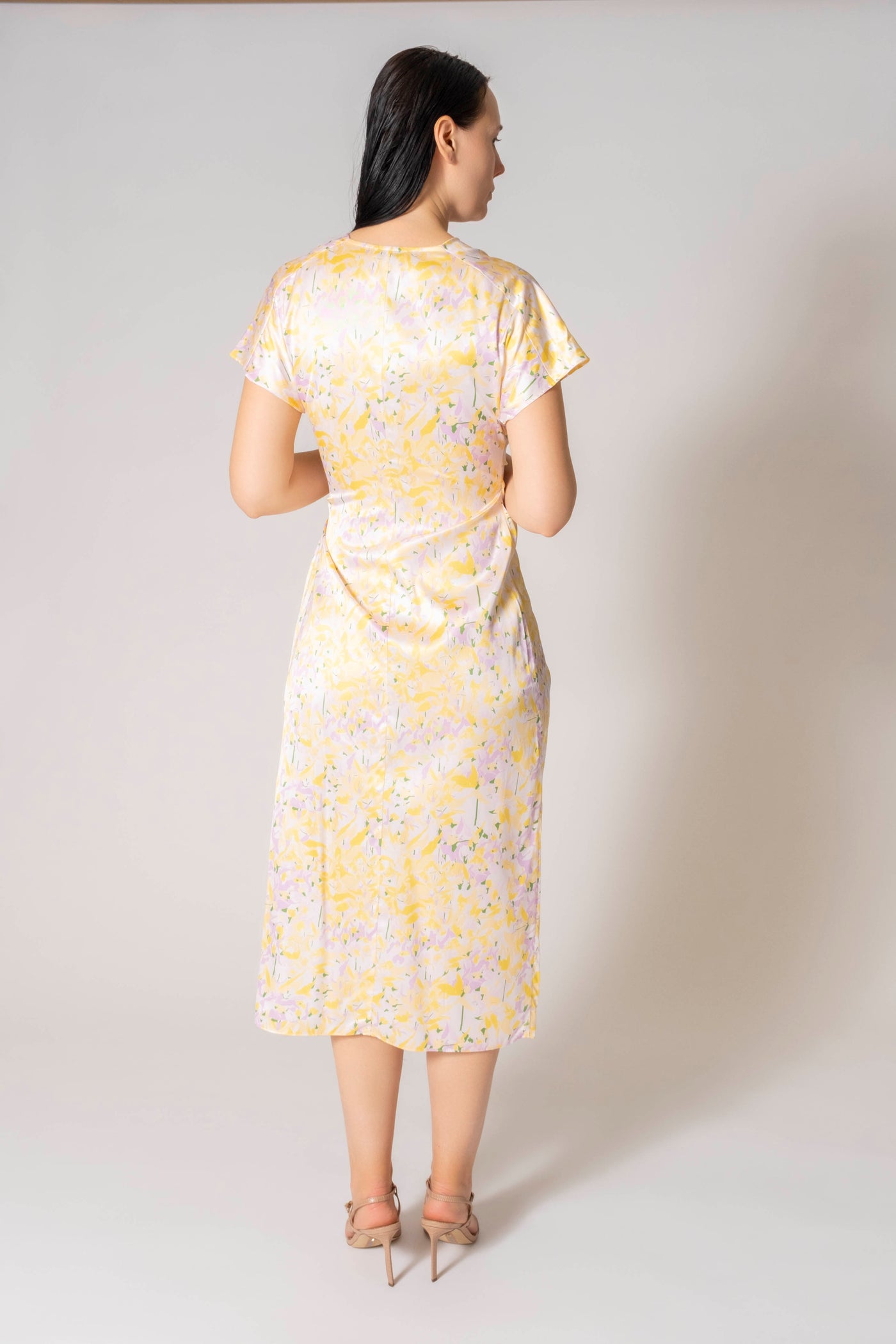 Jacqui Cap Sleeve Satin Floral Midi Wrap Dress