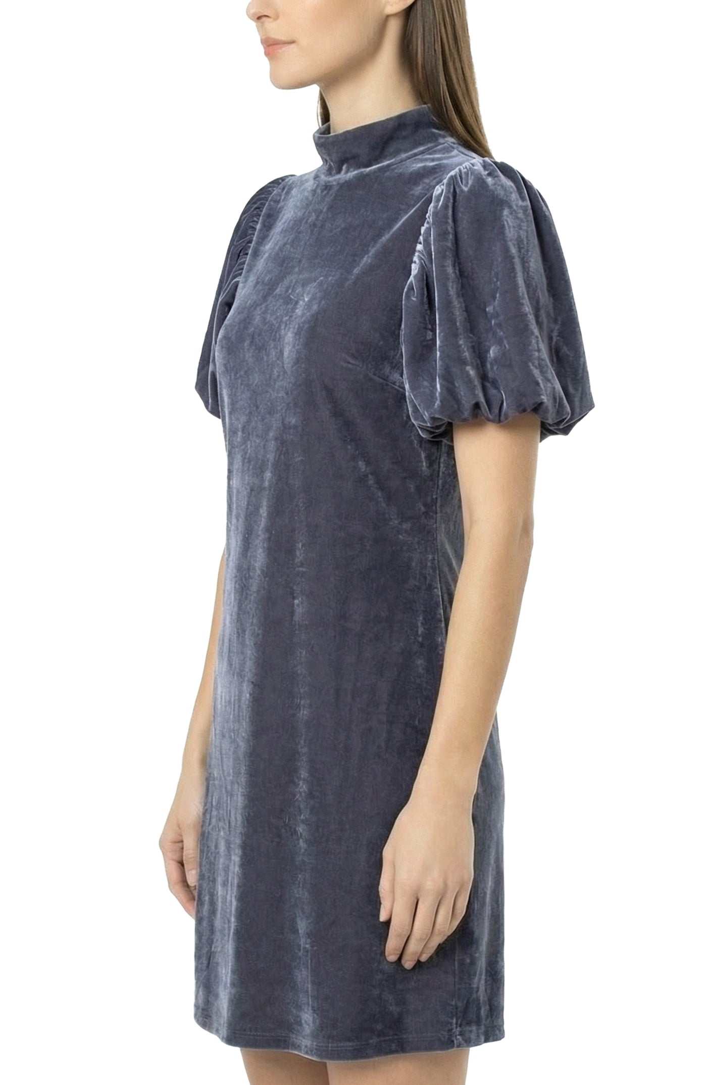 velvet mock neck dress Lady Puff Sleeve Ruched Evening Party Dress Midi Dress fuller skirt allows room for hips Velvet Mock Neck Dress