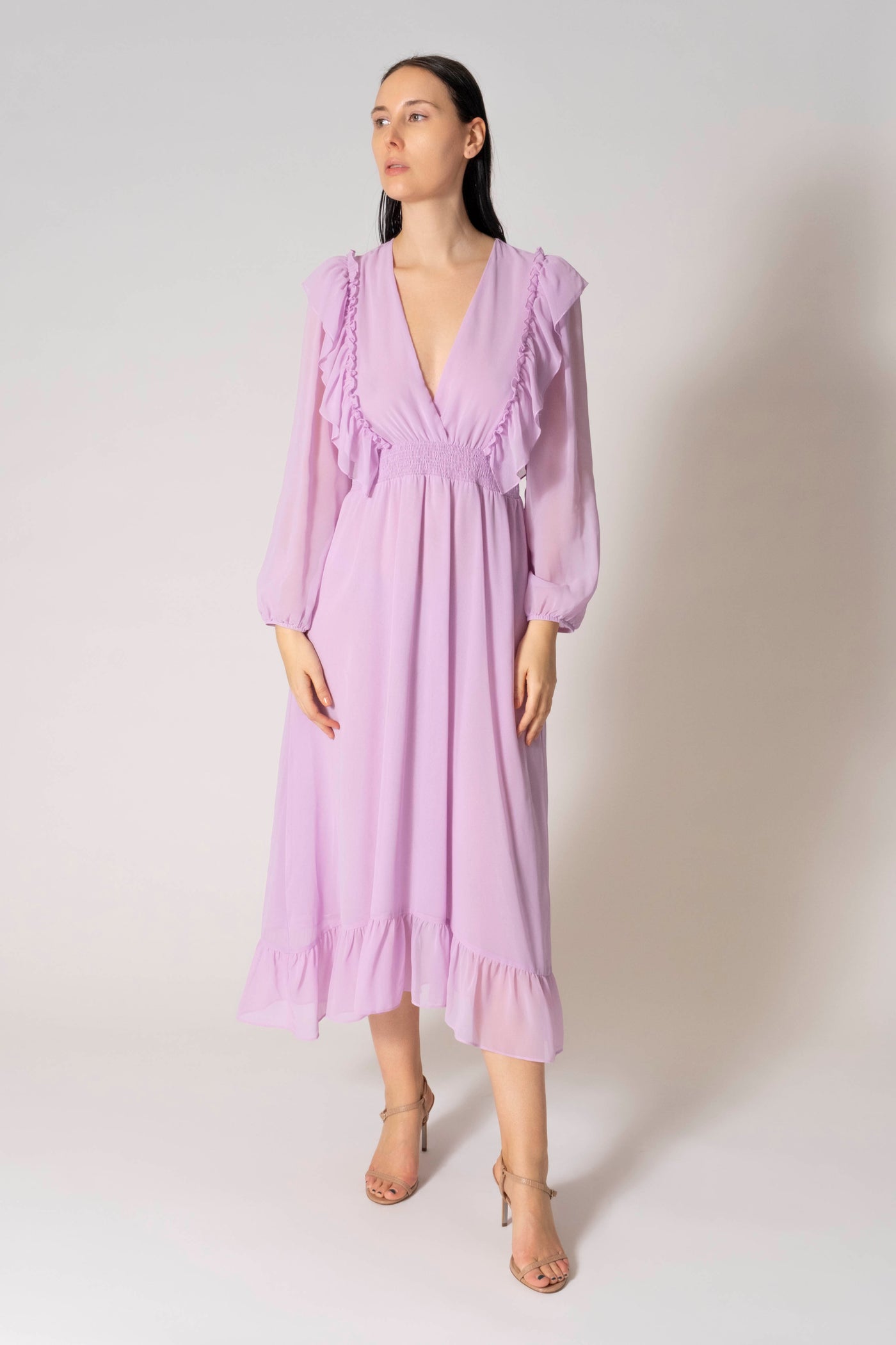 Mina Ruffle V-Neck Pleated Long Sleeve Maxi Dress