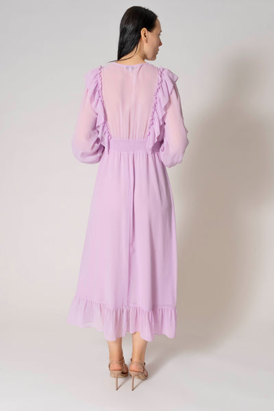 Mina Ruffle V-Neck Pleated Long Sleeve Maxi Dress