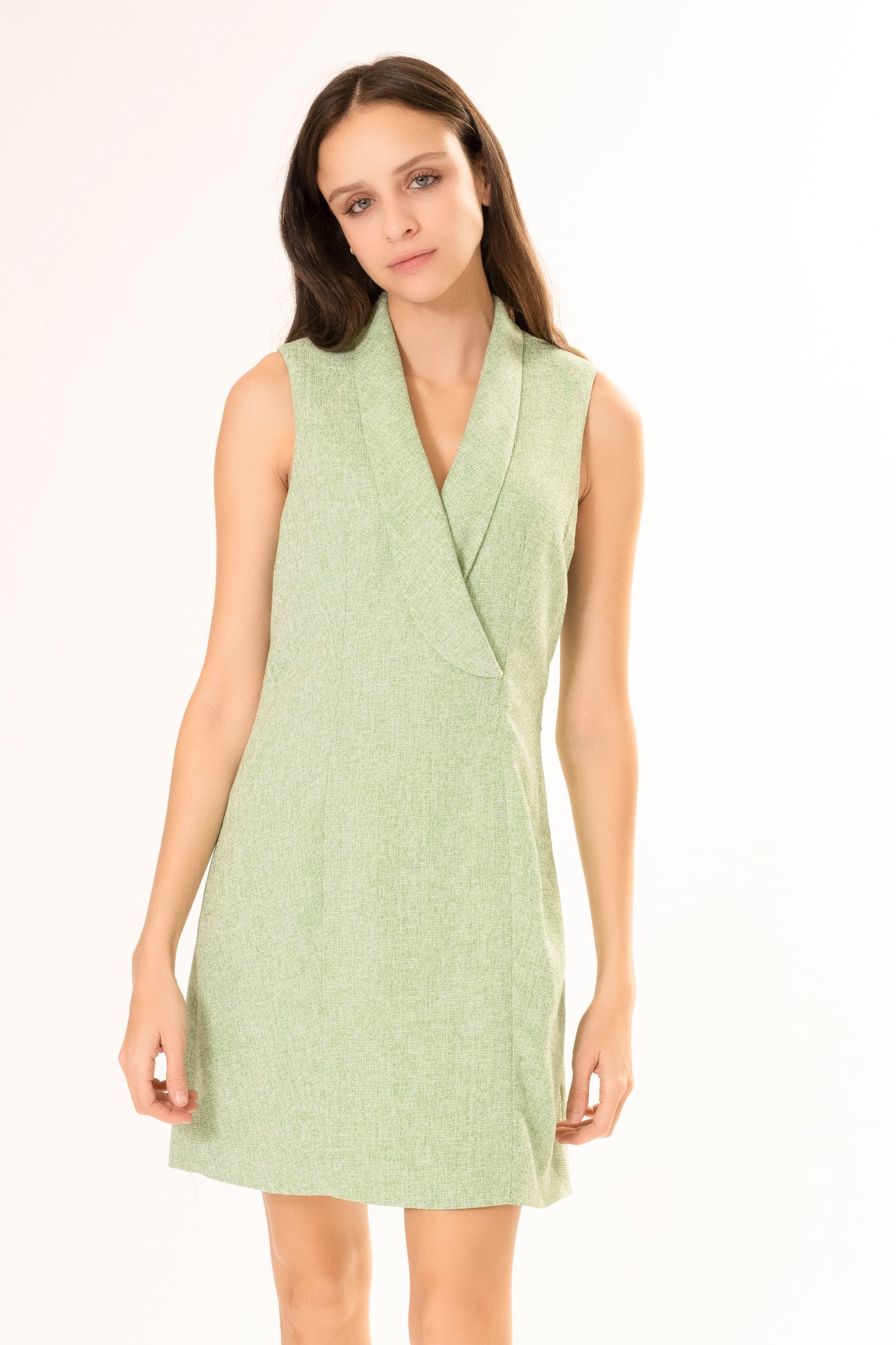 green sleeveless blazer dress LINDA SLEEVELESS BLAZER DRESS GREEN TWEED