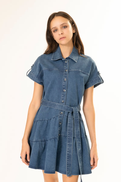 CUFF SHORT DARK BLUE DENIM DRESS