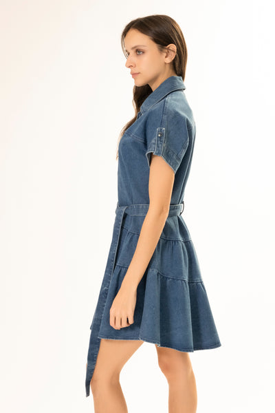 CUFF SHORT DARK BLUE DENIM DRESS