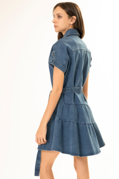 CUFF SHORT DARK BLUE DENIM DRESS