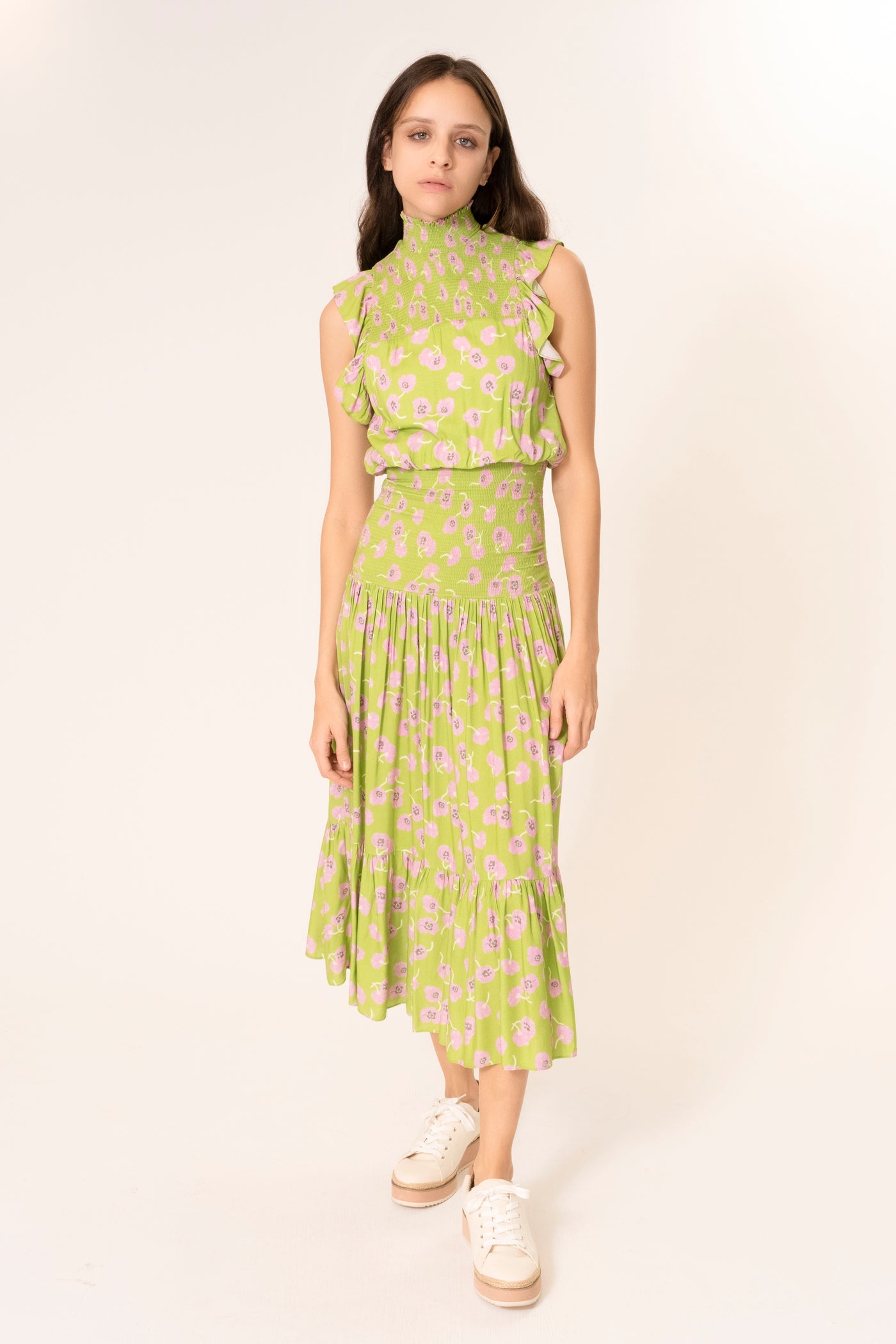 PINK GREEN FLORAL MIDI DRESS